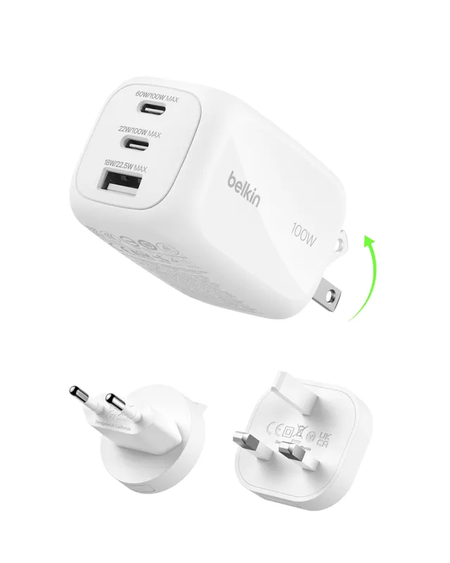 belkin-100-w-3-port-usb-c-gan-ladeger-t-mit-pps-pd-2x-usb-c-1x-usb-a-reisestecke image 1