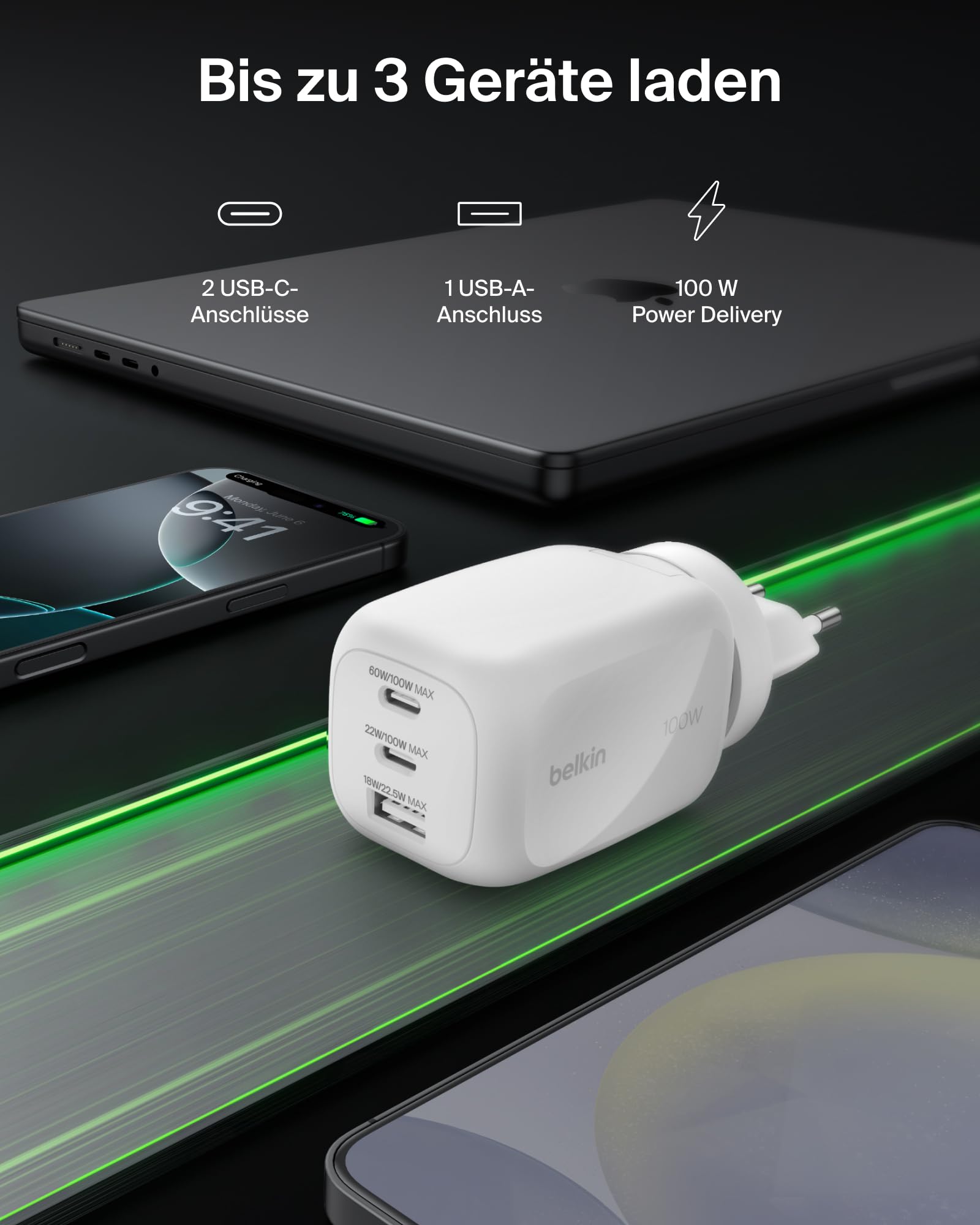 belkin-100-w-3-port-usb-c-gan-ladeger-t-mit-pps-pd-2x-usb-c-1x-usb-a-reisestecke image 2